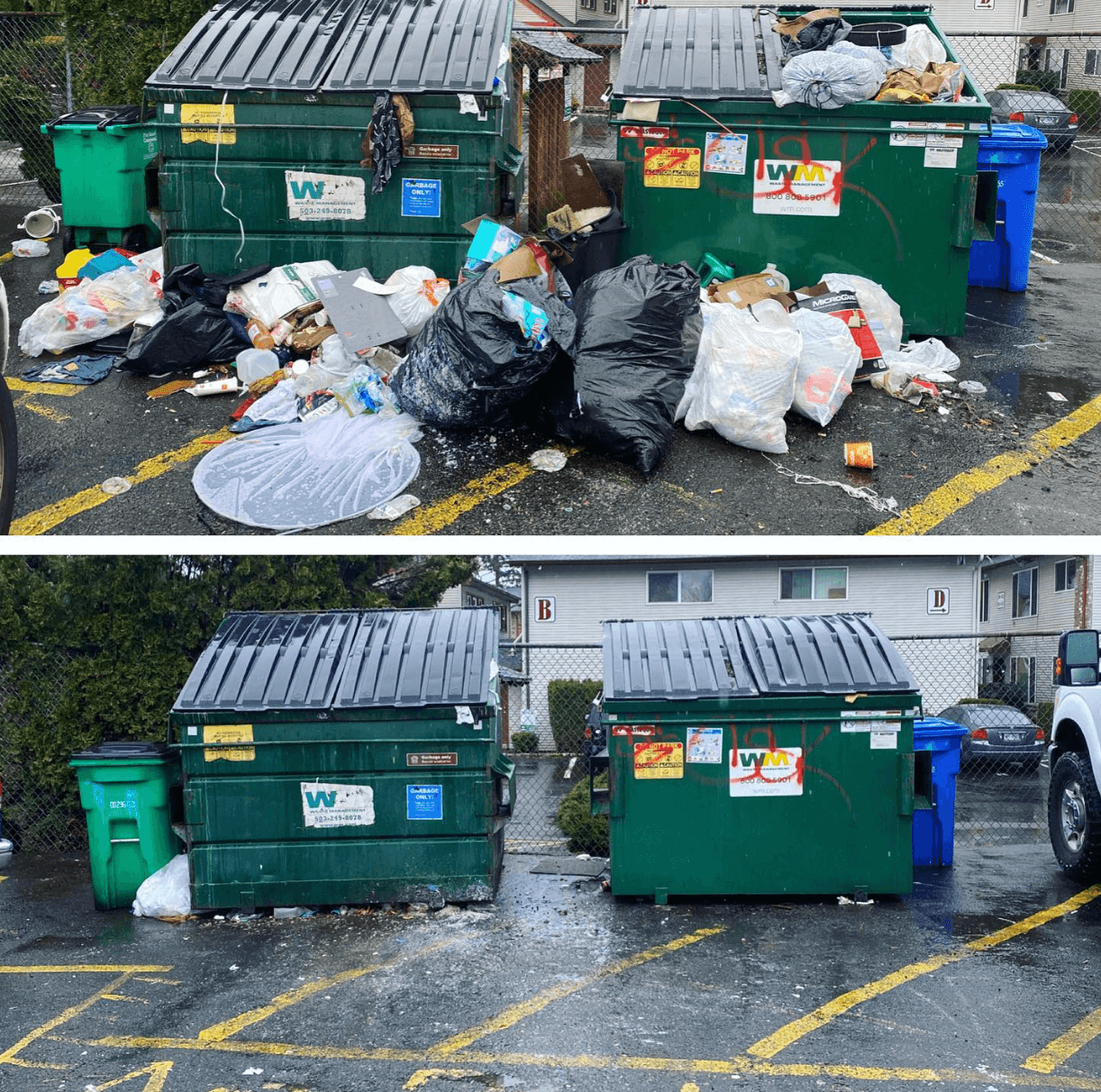 Before and after cleanup showing trash cleared from a dumpster area.