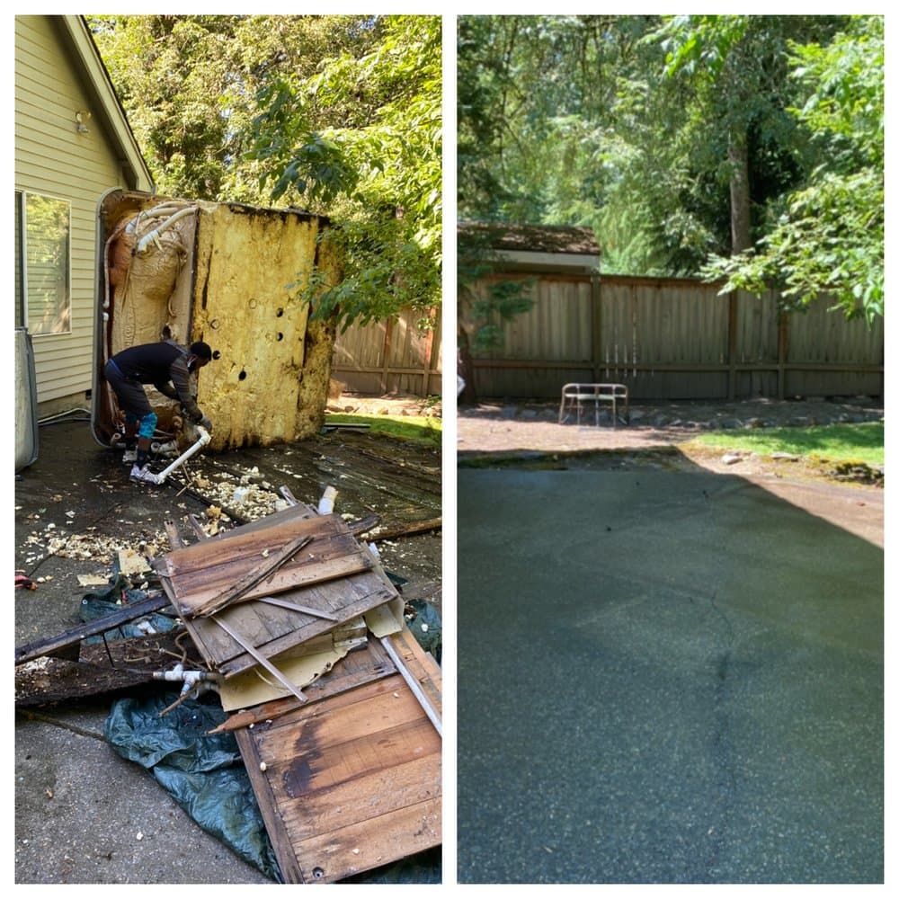 Before and after hot tub haul-away from the original Trash X site.