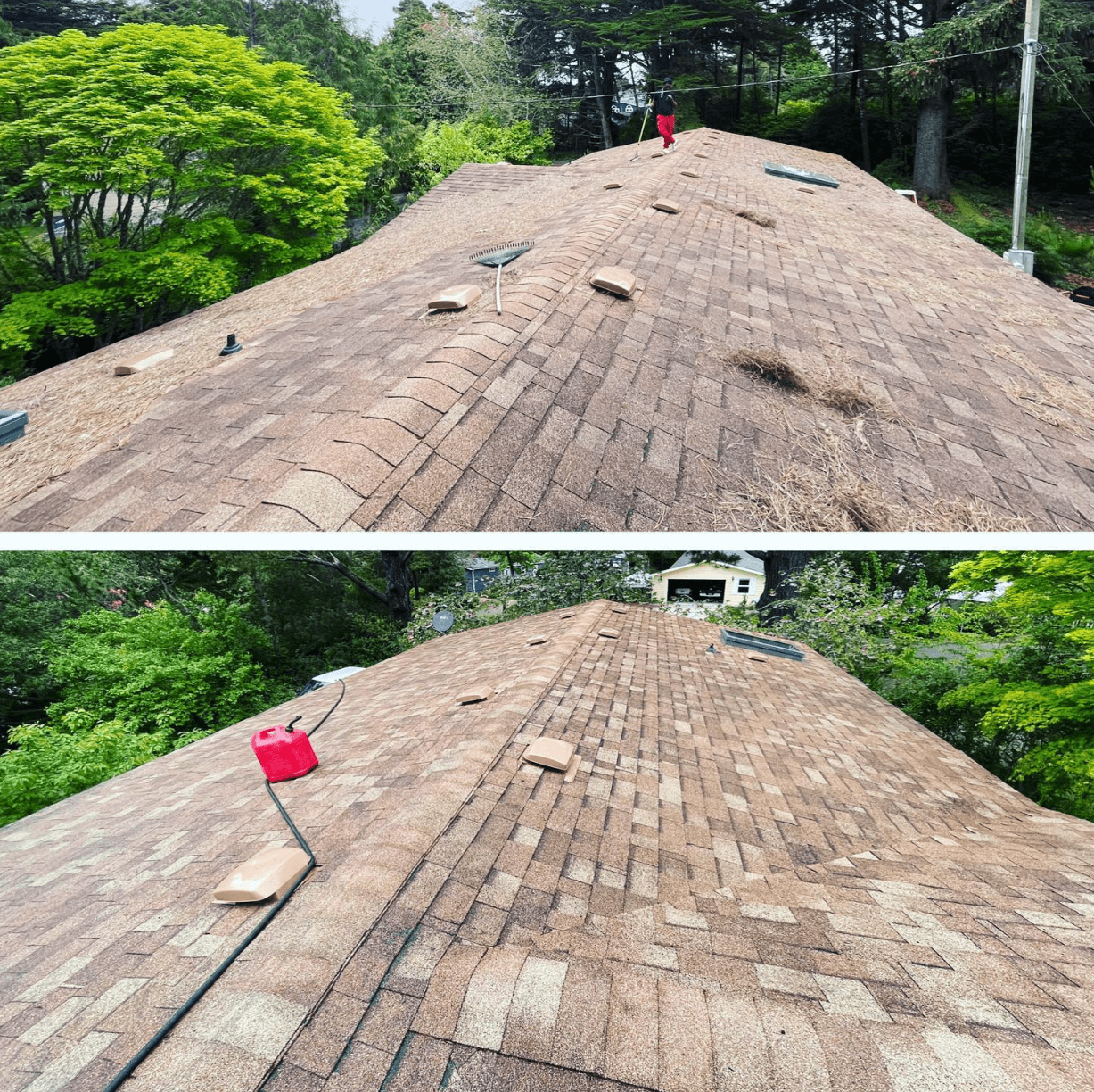 Before and after roof cleaning on a house roof with debris and moss buildup reduced.