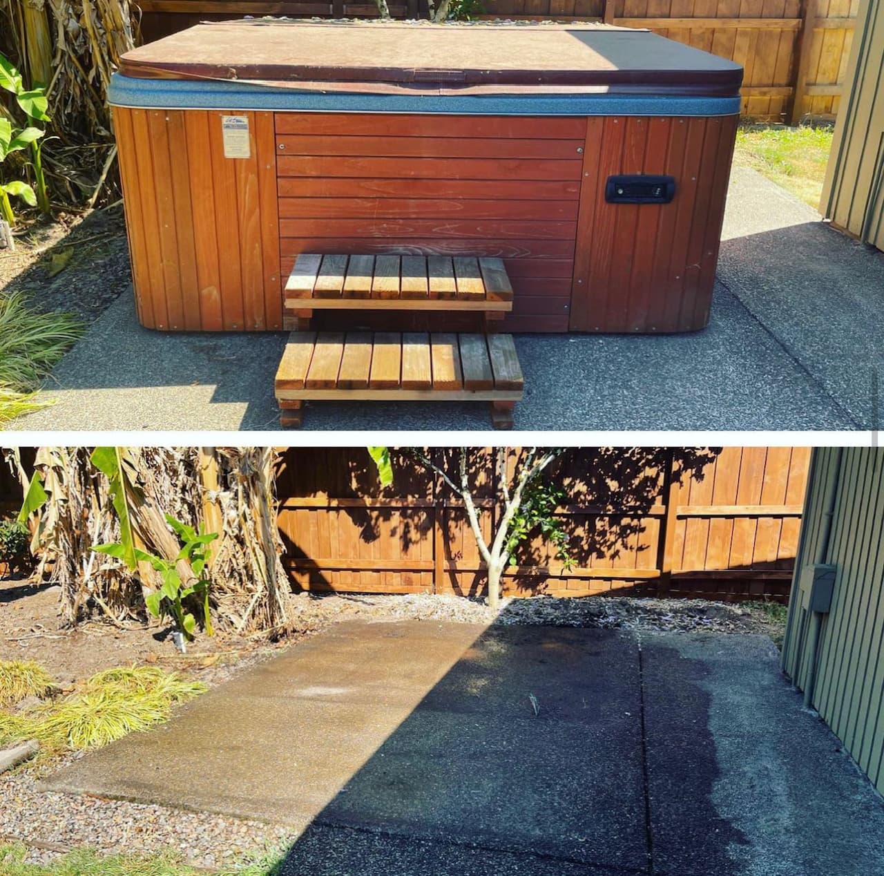 Before and after concrete washing showing a cleaned driveway area beside a fence.